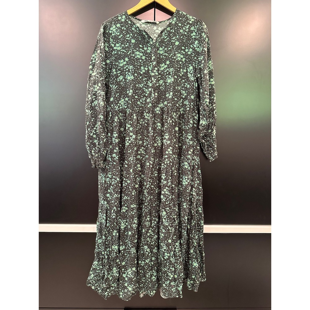 Zara Floral Midi Dress Womens Large Green Black Ditsy Tiered Long Sleeve Viscose